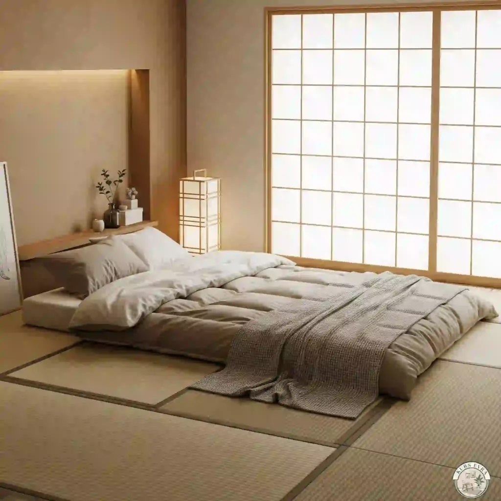 Japanese-inspired bedroom with tatami mats, futon, and shoji screen.
