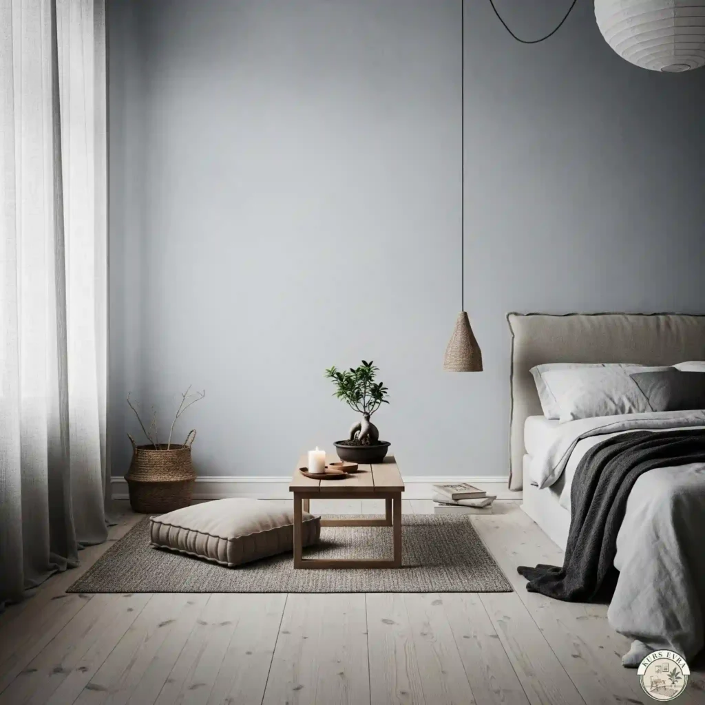 Bedroom with bamboo bed, reclaimed wood, and natural textures.