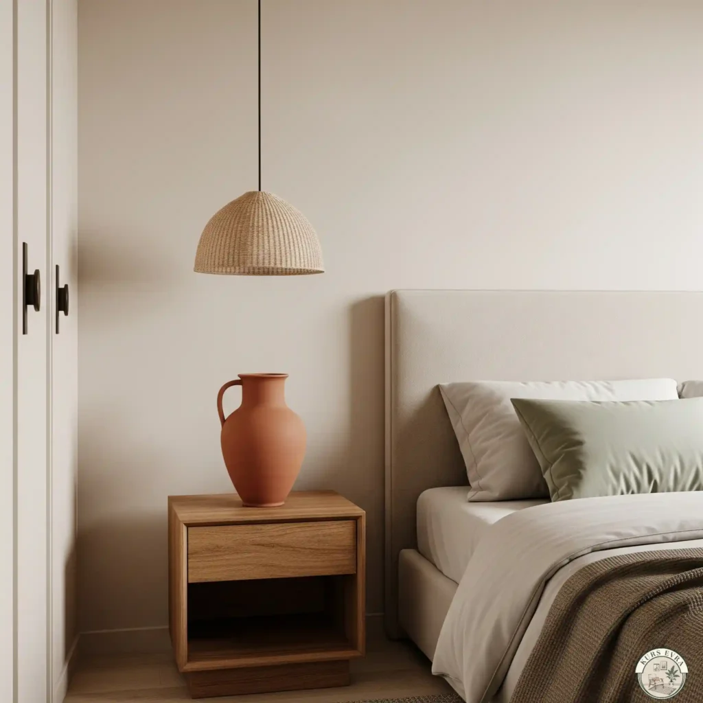 Japandi bedroom with sage pillow, terracotta vase, and soft beige walls.