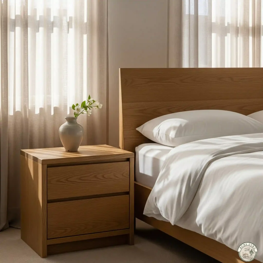 Serene bedroom with light oak nightstand, headboard, and white bedding.