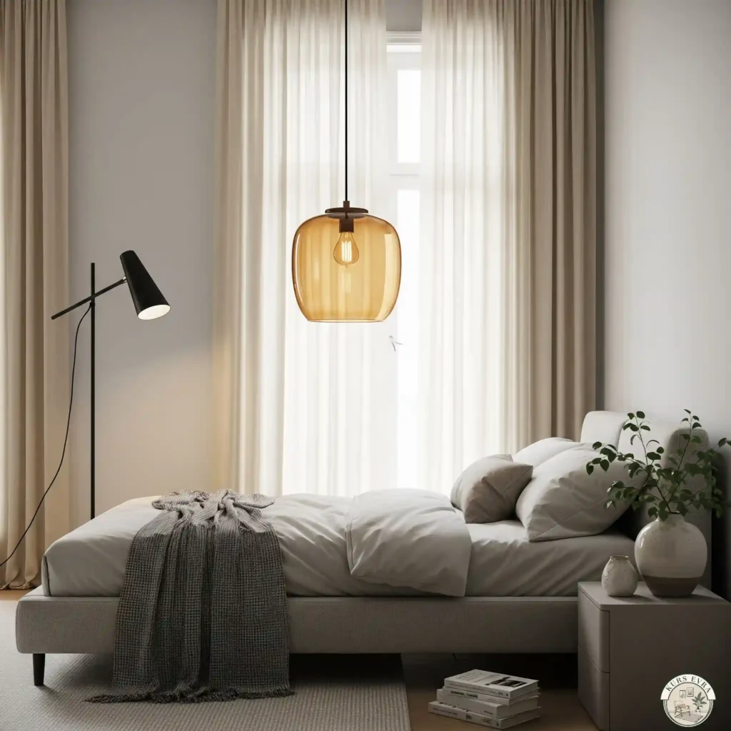 Tranquil bedroom with pendant light, floor lamp, and natural light.