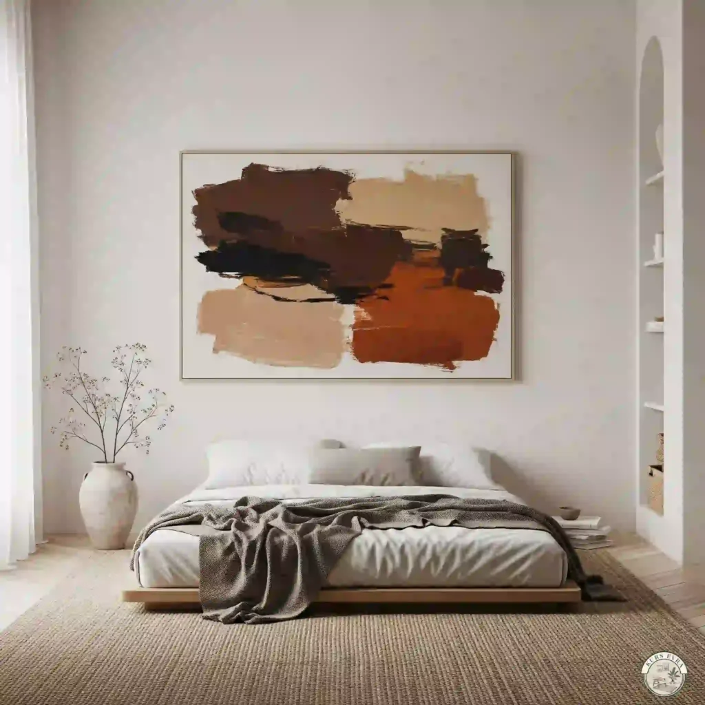 Abstract art, low bed, woven rug