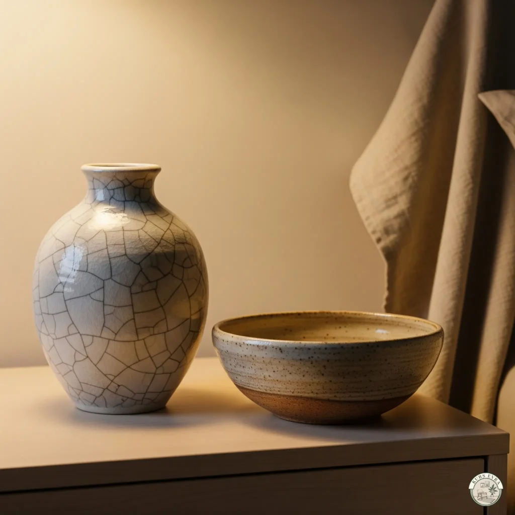 Close-up of a nightstand with a cracked ceramic vase and pottery bowl.