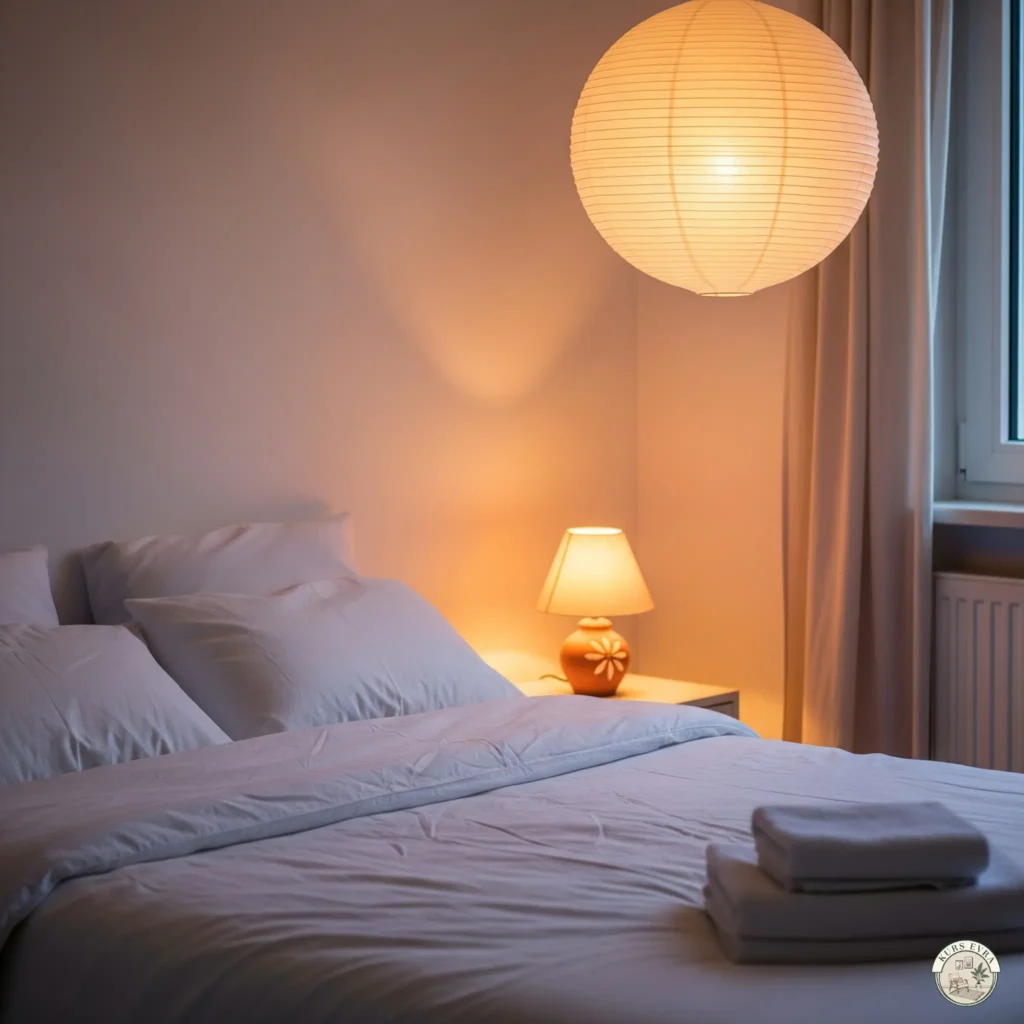 Tranquil bedroom lit by a paper lantern.