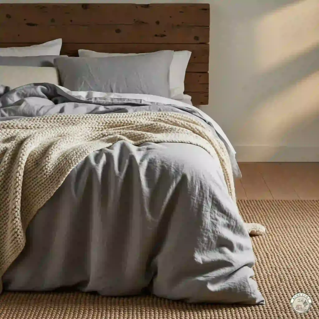 Bed with gray linen sheets, a cream knit throw, and a wooden headboard.