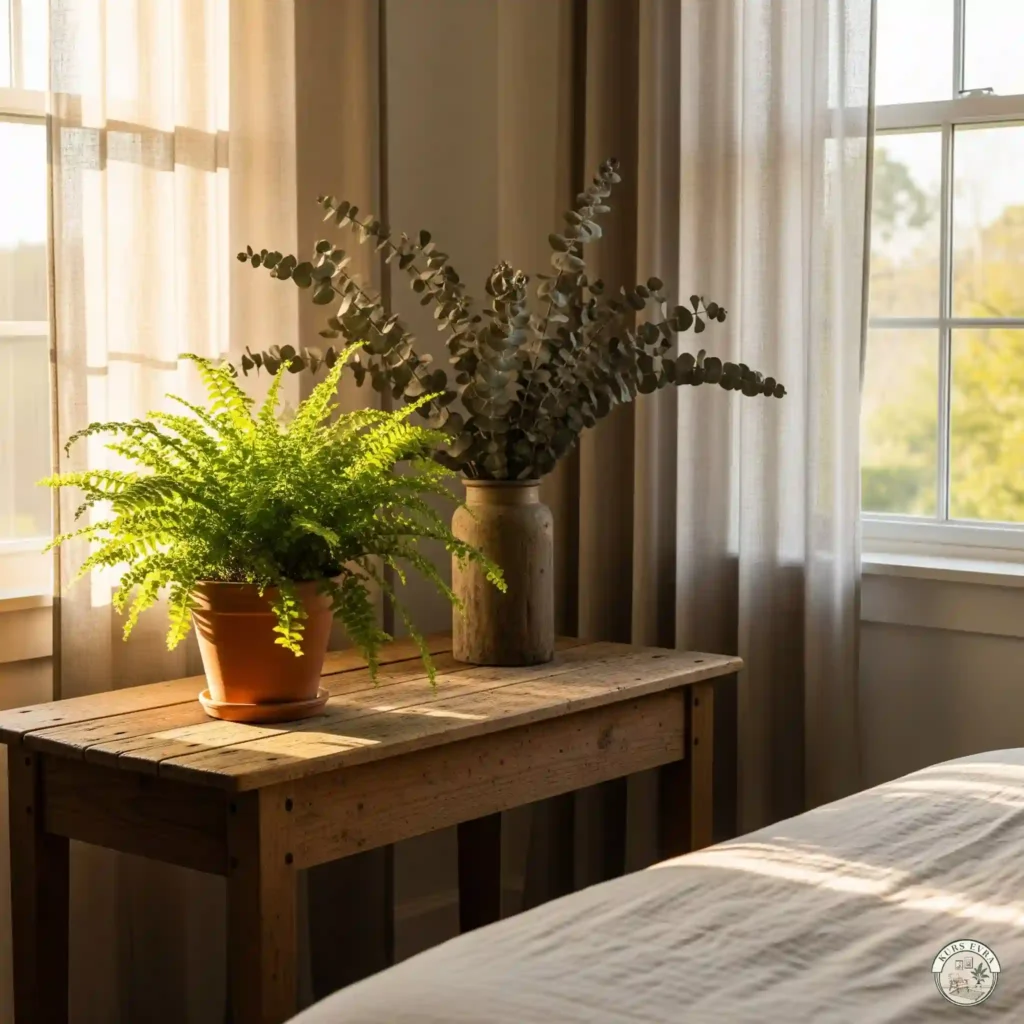Bedroom corner with a fern, eucalyptus, and sunlight.