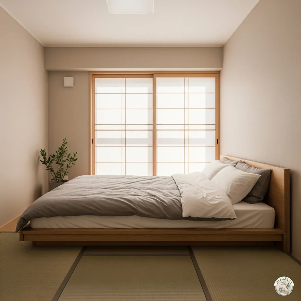 Minimalist bedroom with a low wooden platform bed and shoji screen