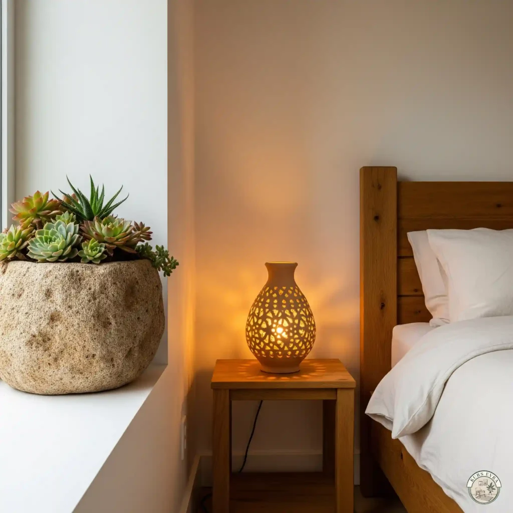 Stone planter, clay lamp, wood bed