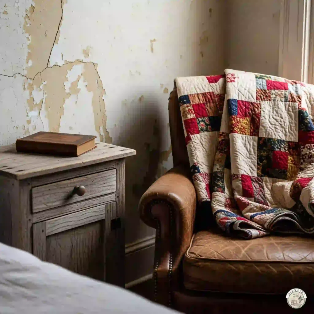 Leather chair, quilt, rustic nightstand