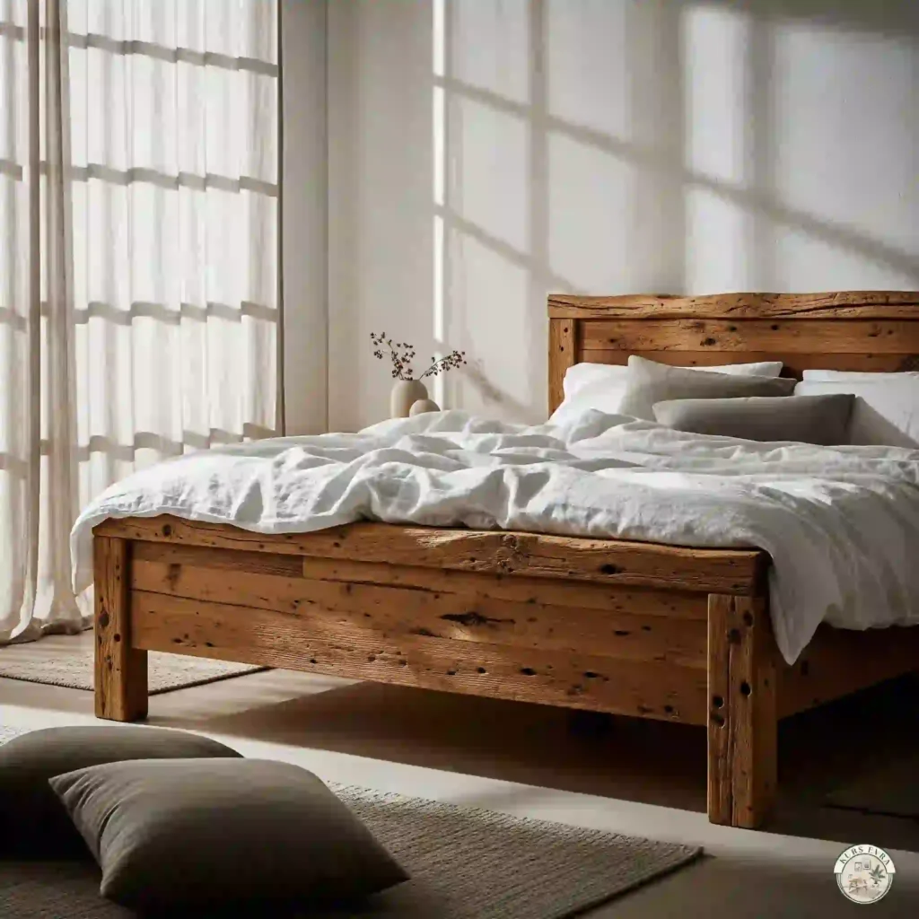 Cozy bedroom with a reclaimed wood bed, white linens, and sunlight.