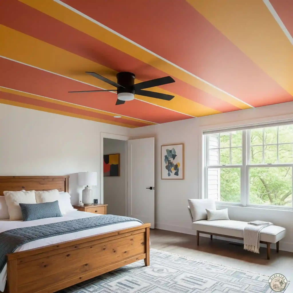 Bedroom: striped ceiling, wooden bed, patterned rug.
