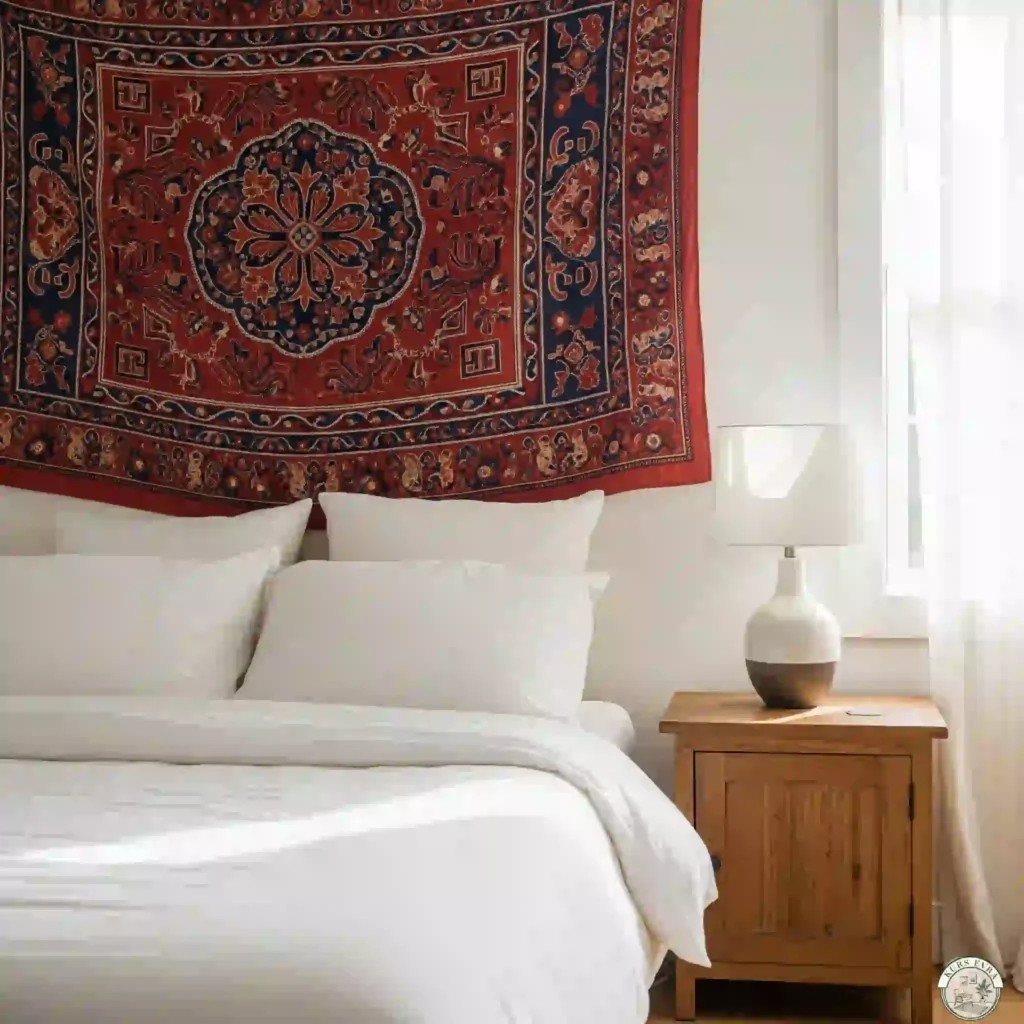 Cozy bedroom with red and blue suzani tapestry.