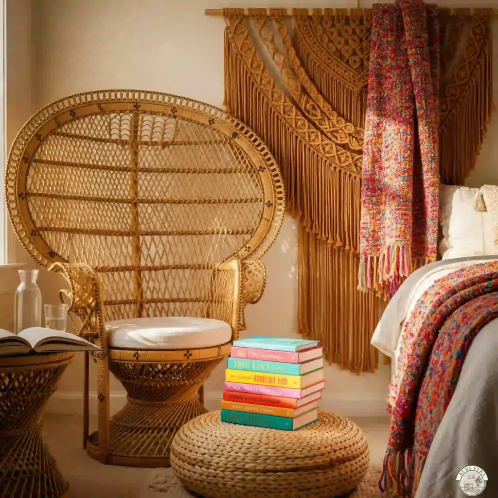 Corner: peacock chair, books, macramé.