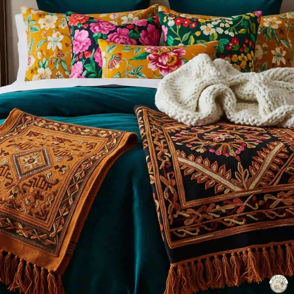 Close-up of layered velvet, tribal, and floral bedding.