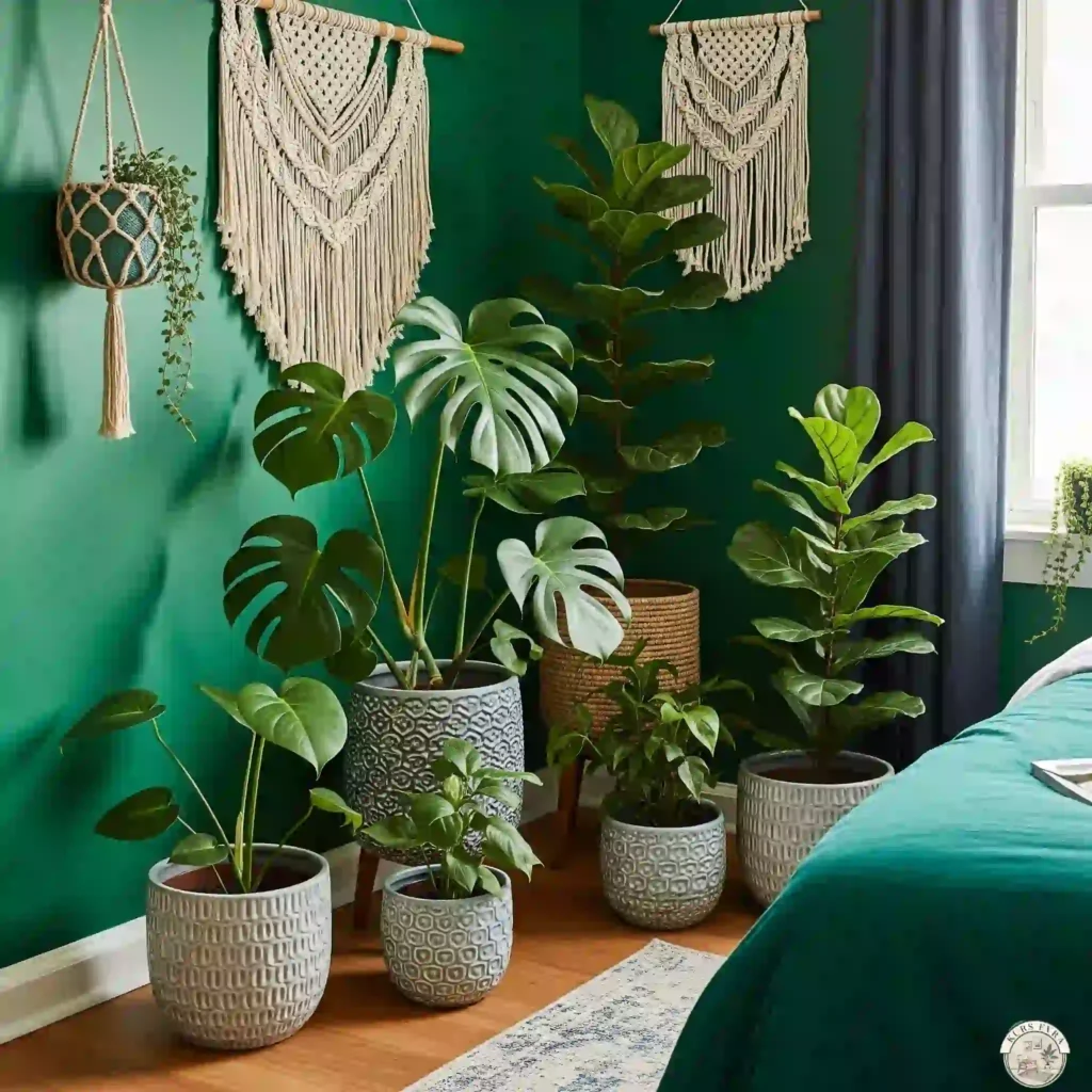 Emerald green corner with monstera and fig plants.
