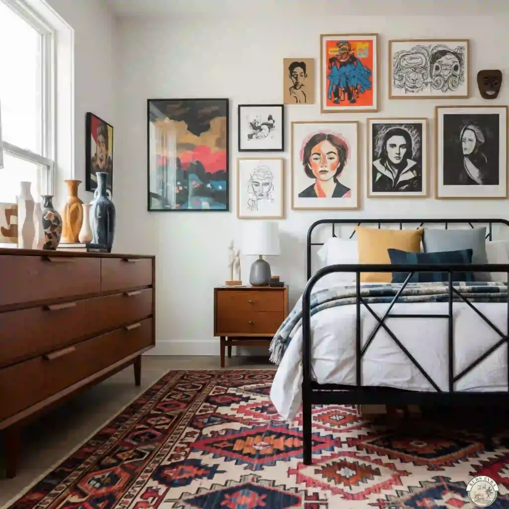 Bedroom: vintage dresser, metal bed, ikat rug