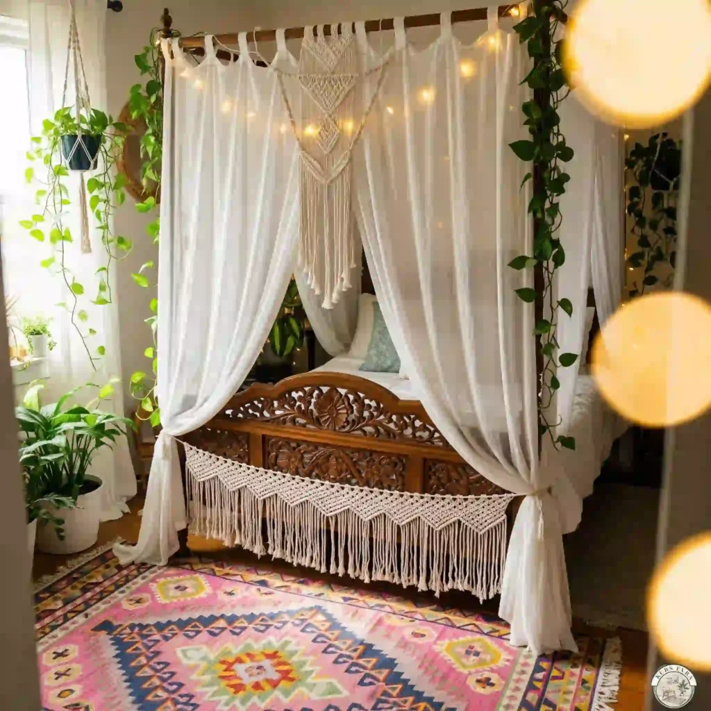 Whimsical wooden canopy bed with fairy lights.