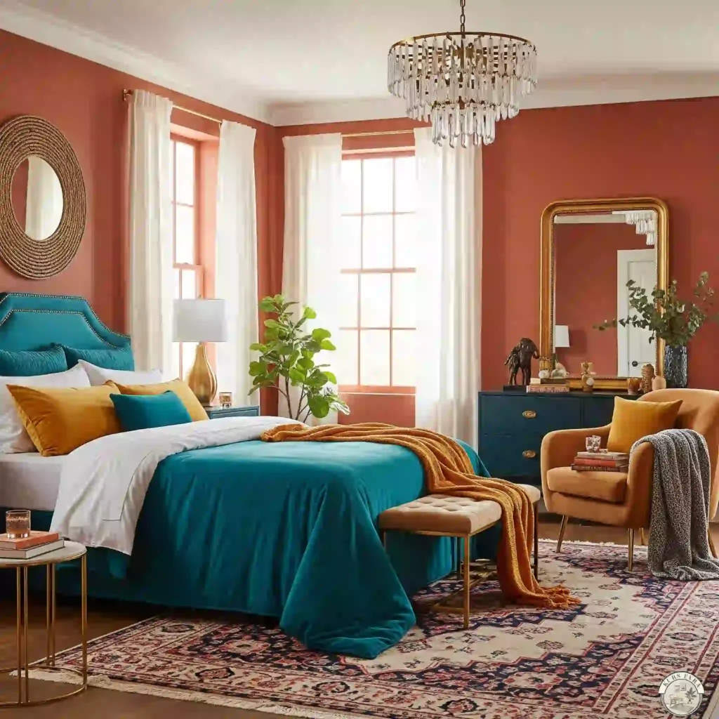 Terracotta bedroom with teal, mustard, and gold accents.
