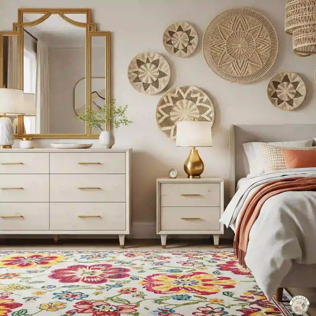 Boho bedroom, gold accents, floral rug.