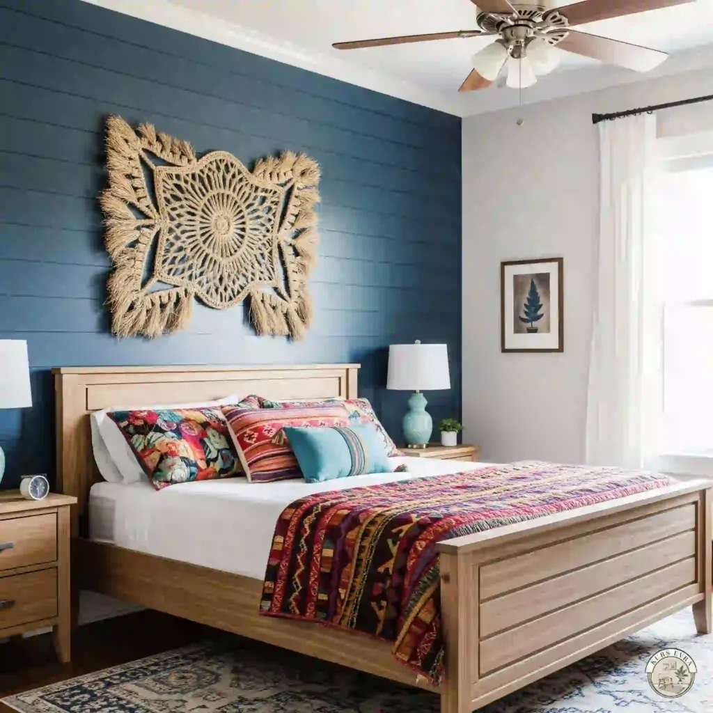 Navy shiplap accent wall with wooden bed, vibrant bedding, and woven wall hanging.