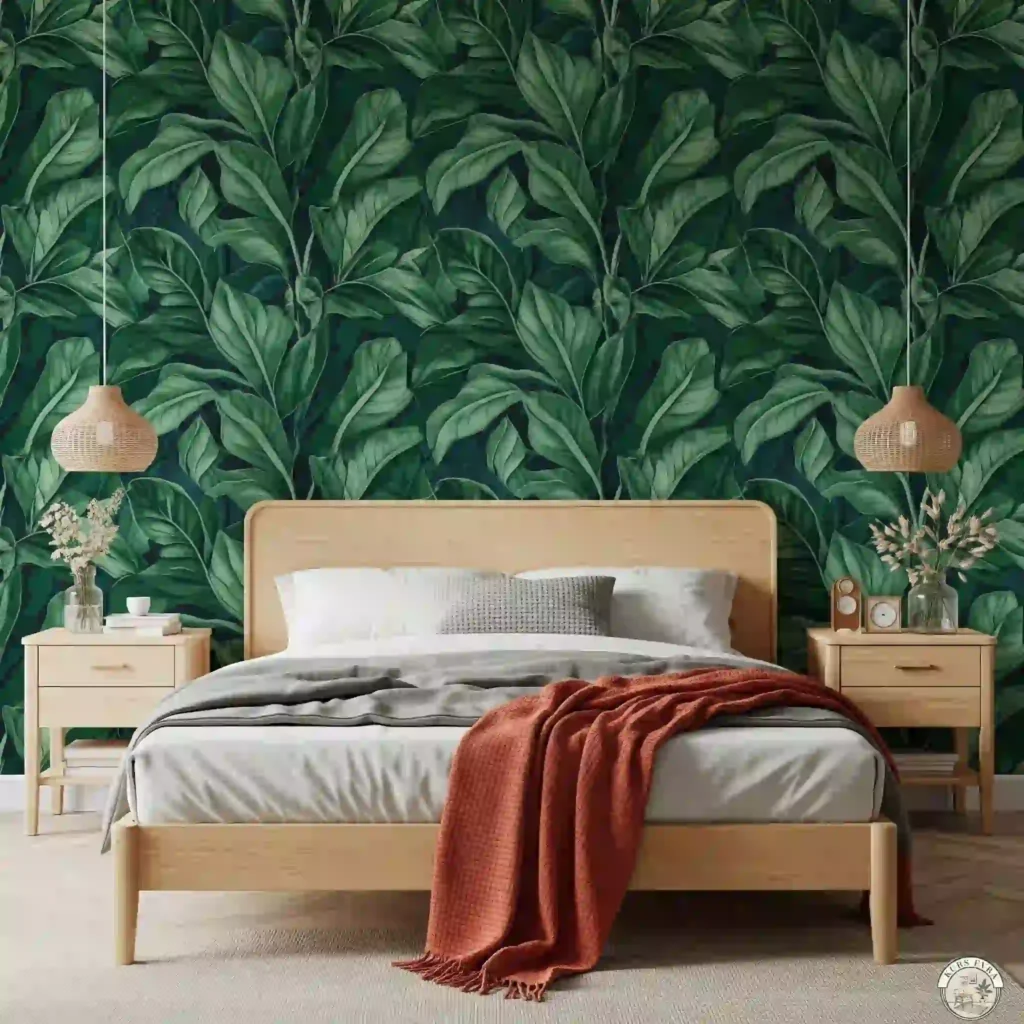 Bold botanical wallpaper with wooden furniture.