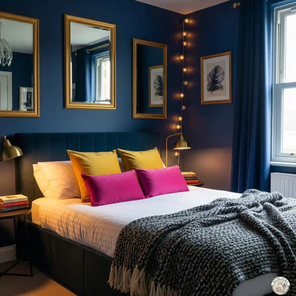 Sapphire bedroom with gold accents and velvet bed.