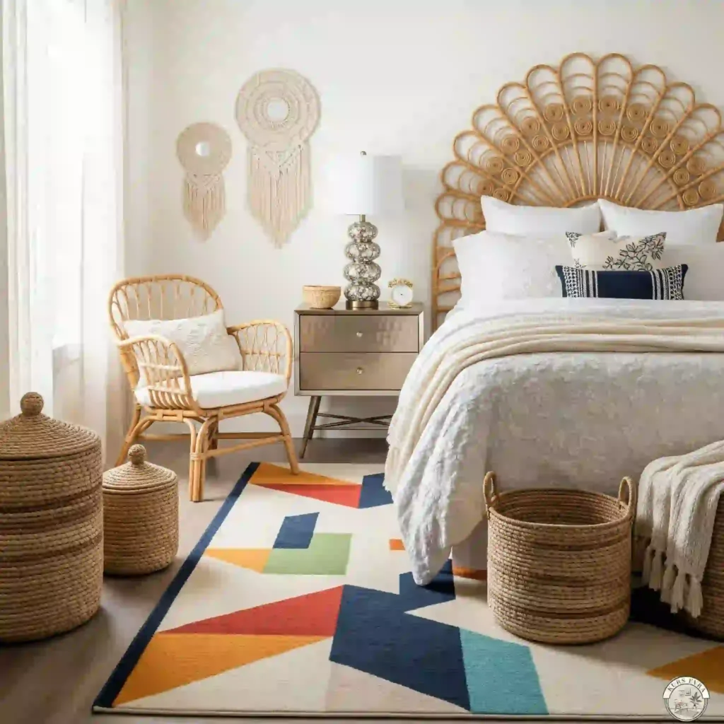 Boho bedroom with rattan, wicker, and geometric rug.