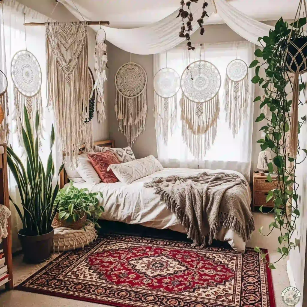 Navy shiplap bedroom with wooden bed and textures.