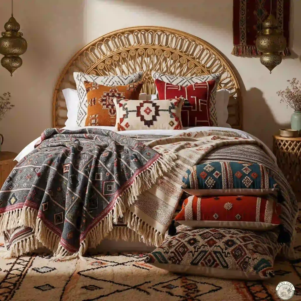 Moroccan bed with patterned throws and rattan.