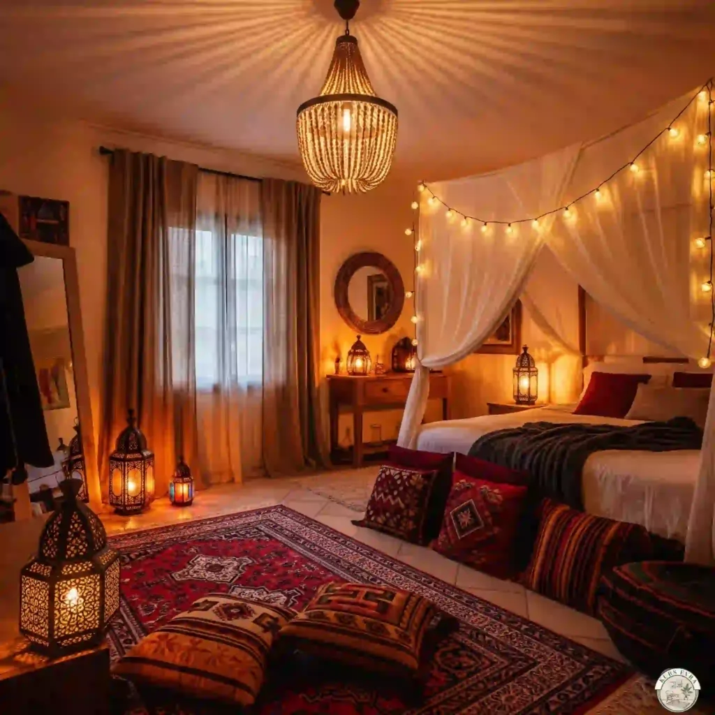 Warm bedroom with a canopy bed, beaded chandelier, Moroccan lanterns, and string lights, adorned with patterned textiles.