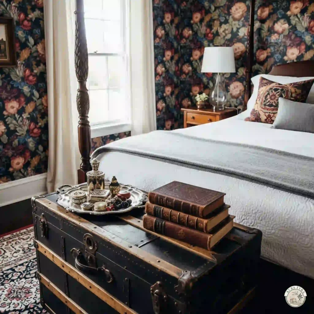 Vintage trunk at bed's foot with books and trinkets, against patterned wallpaper.