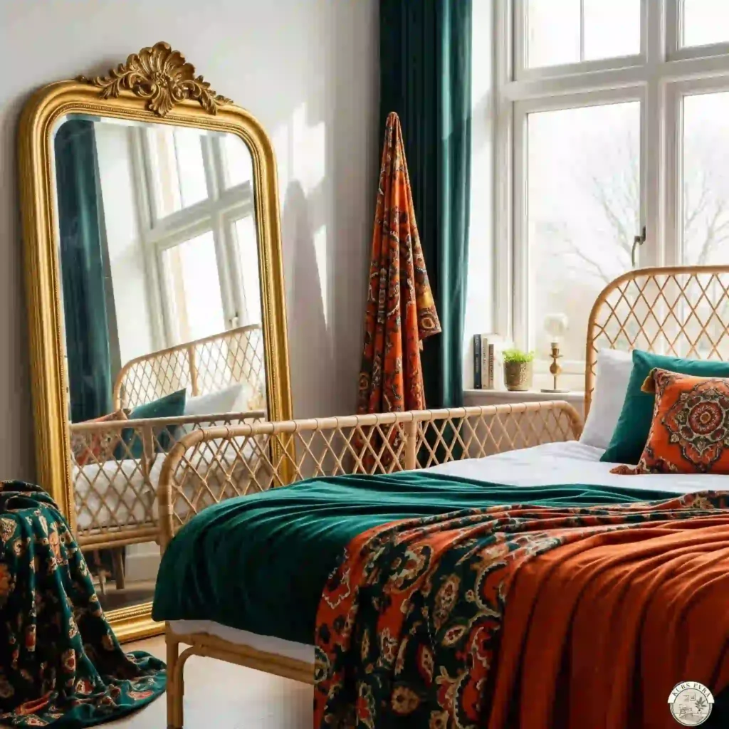 Gilded mirror, rattan bed, bold textiles in bedroom.
