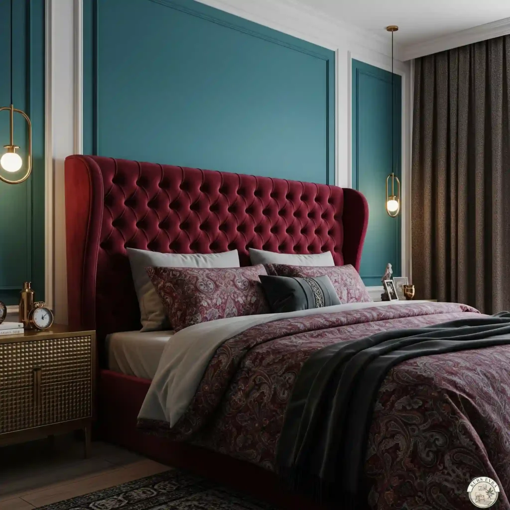 Bedroom: ruby velvet headboard, paisley bedding.