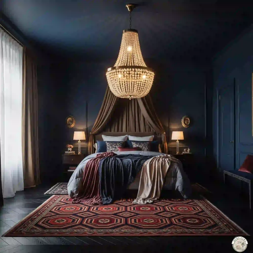 Bedroom: crystal chandelier, canopy bed