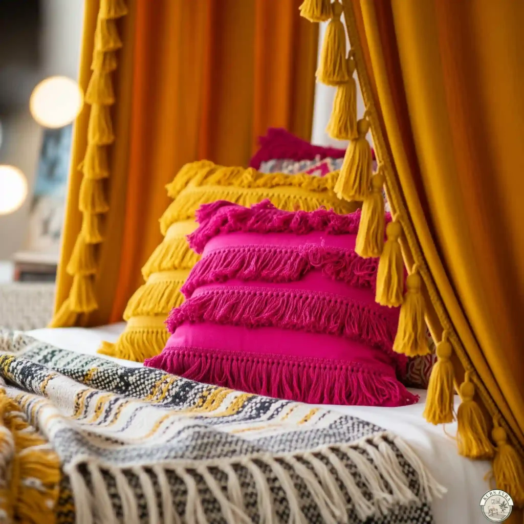 Bed: fringed pillows, tassel curtains.