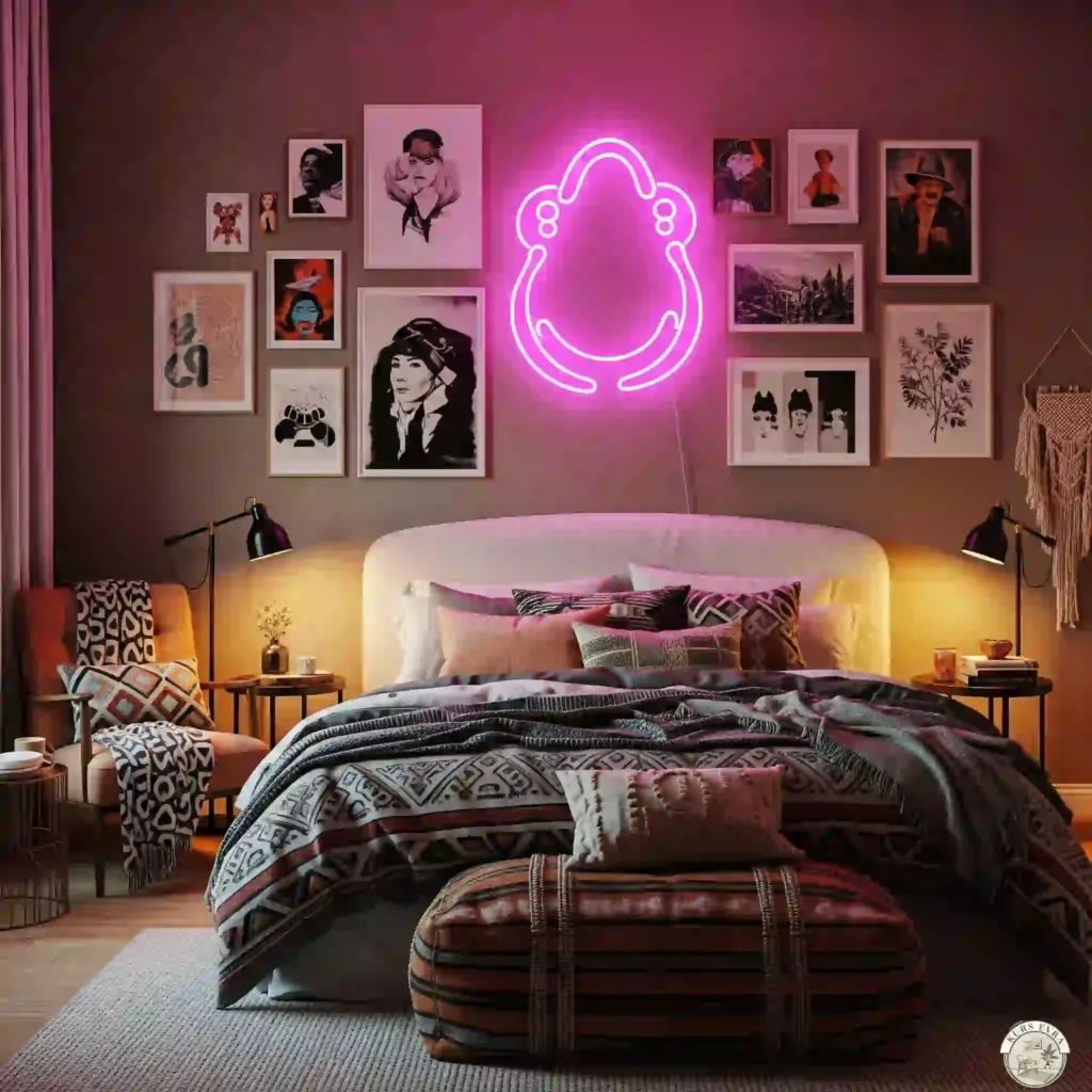 Boho bedroom with pink neon and eclectic art.