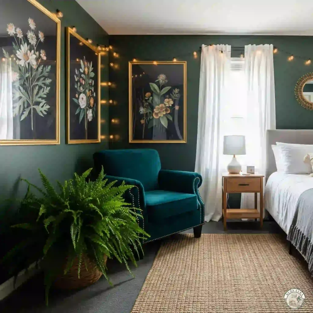 Green botanical bedroom, teal chair, string lights