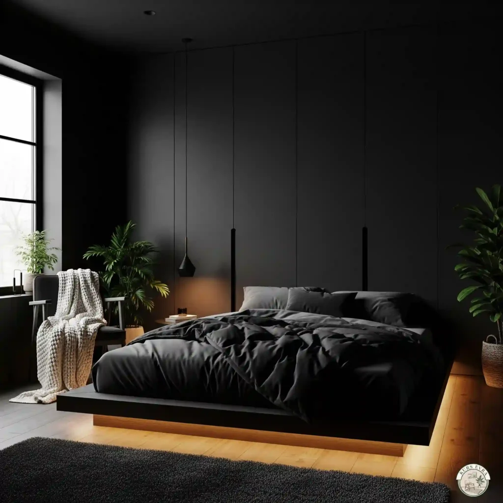 Modern black bedroom, floating bed, cream throw