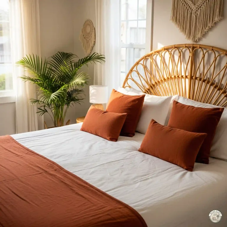 A cozy boho bedroom with a rattan headboard, white linen bedding, terracotta pillows, and a potted palm