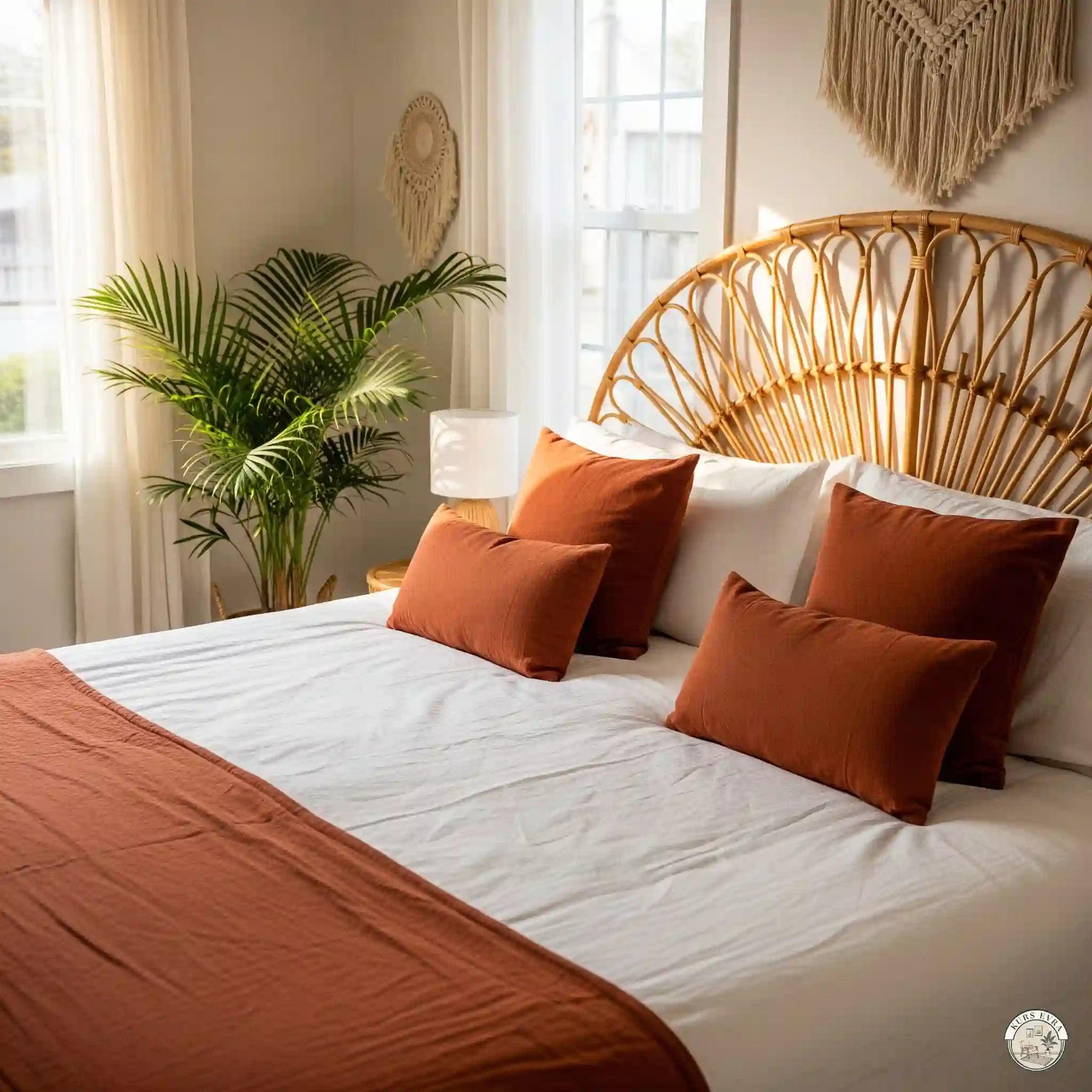 A cozy boho bedroom with a rattan headboard, white linen bedding, terracotta pillows, and a potted palm