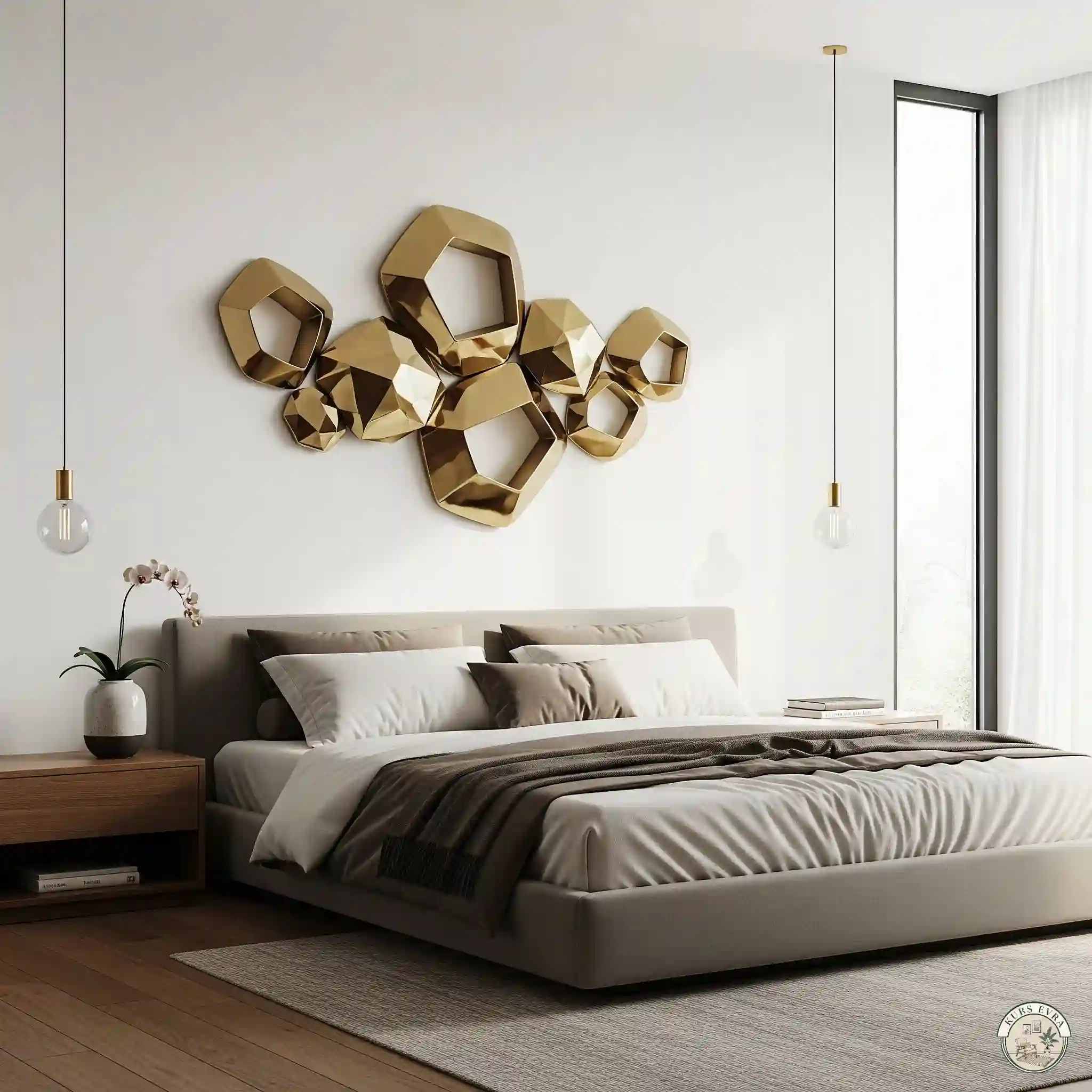 Modern bedroom with a king-sized bed and an abstract 3D brass sculpture above it.