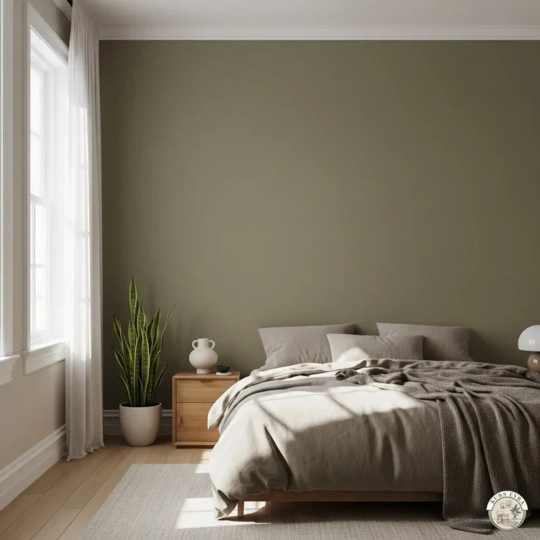 Serene bedroom with olive green accent wall.