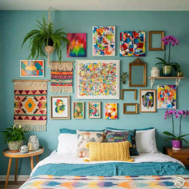 Vibrant abstract gallery wall over teal